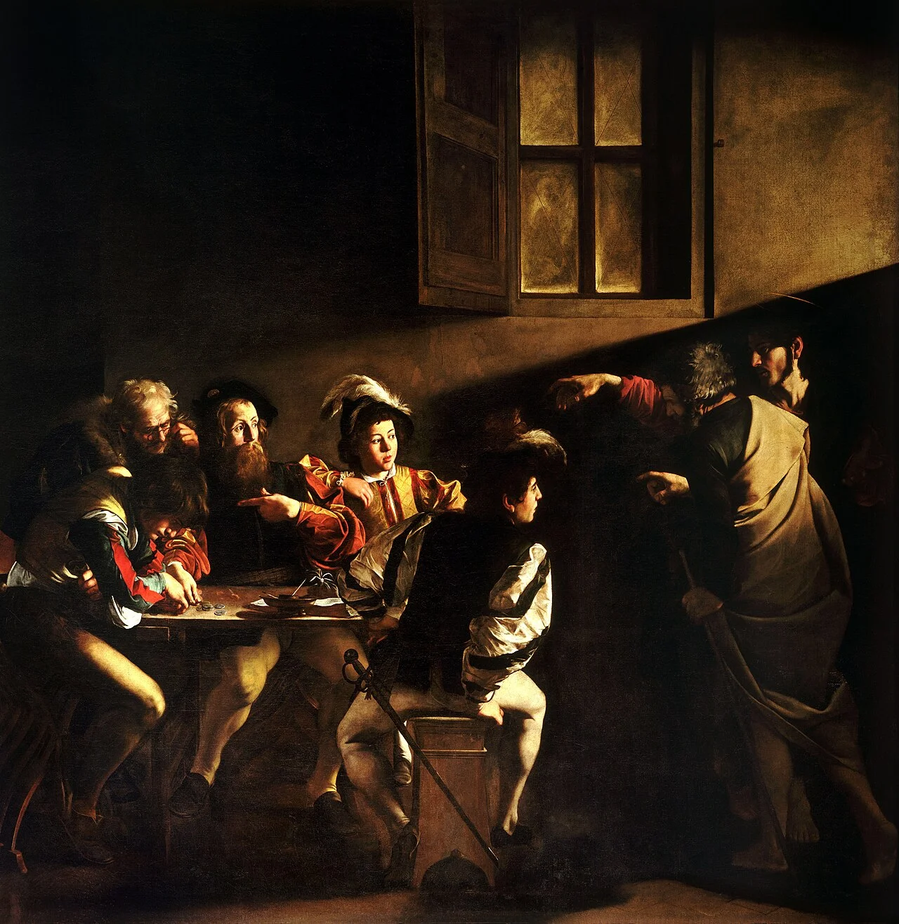 Caravaggio, The Calling of St. Matthew (1599-1600). Christ, partly hidden in shadow on the right, extends His hand to Matthew the tax-collector — the founding gesture of the Restoration.
