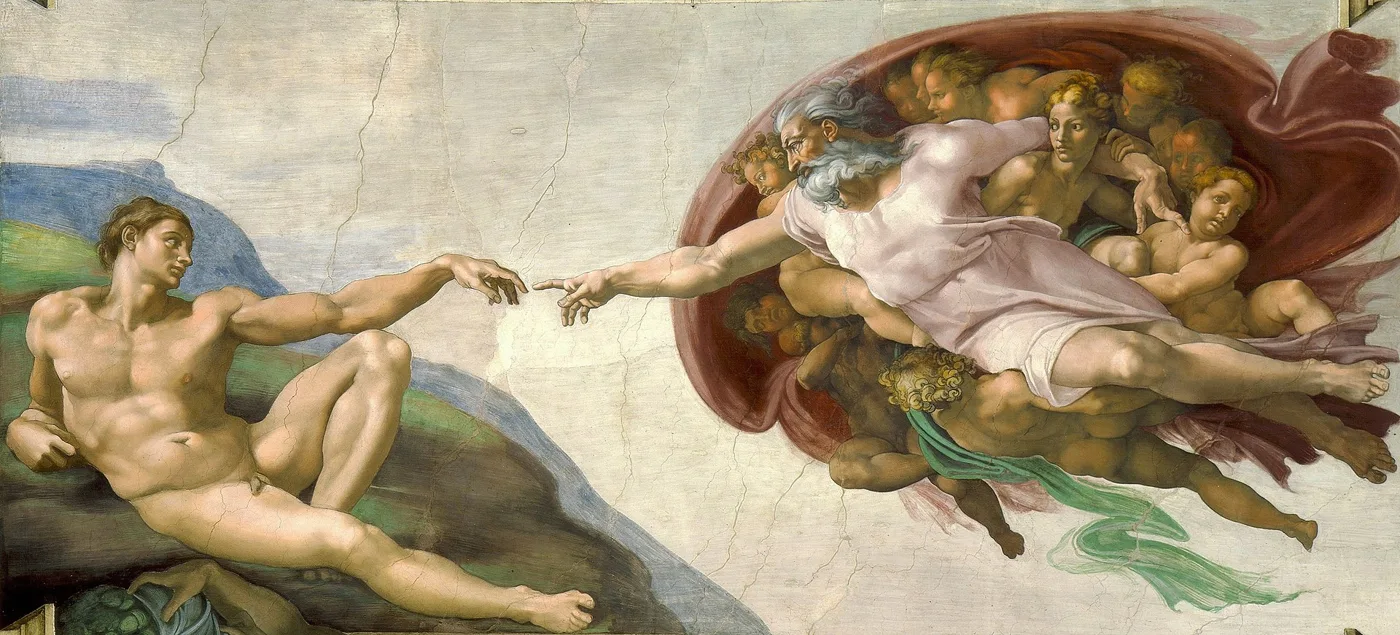 Detail of Michelangelo's Creation of Adam from the Sistine Chapel ceiling, showing the hand of God reaching toward the hand of Adam.
