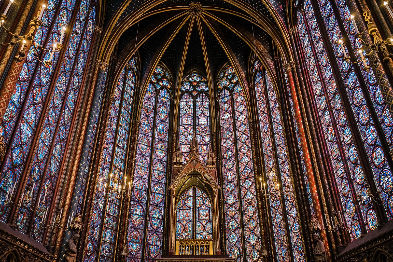Interior of Sainte-Chapelle, Paris — stained glass of the Upper Chapel.